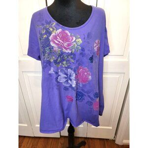 Vintage Y2K Purple Floral Graphic Tee Glitter Roses 3X Cottage Retro Whimsy